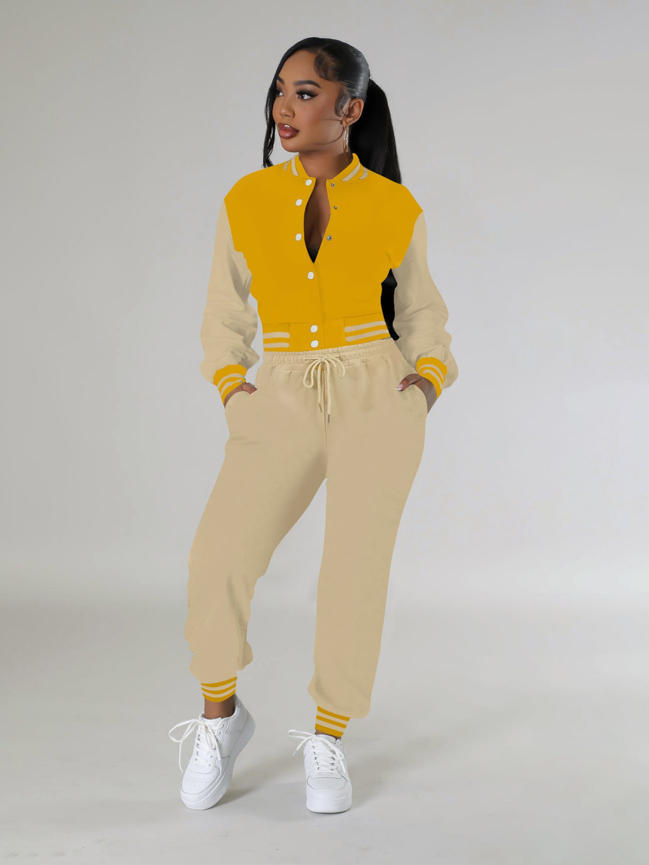 Women Patchwork Baseball Jacket and Pants Two-piece Set 6