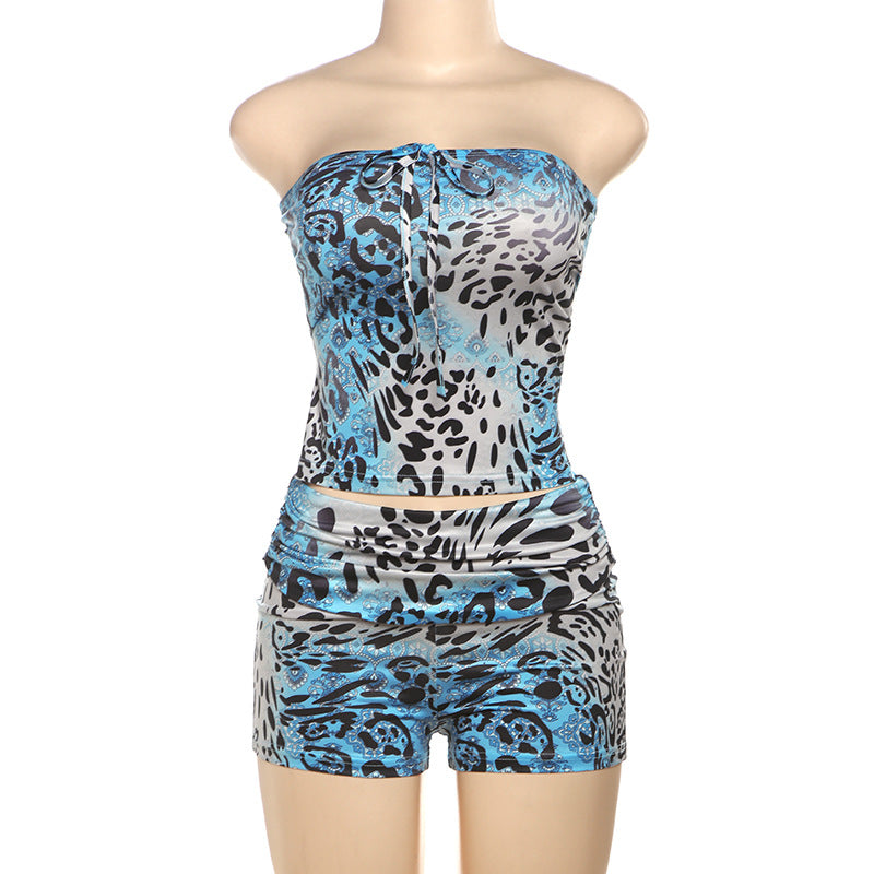 Women Summer Trend Strapless Print Top and Shorts Two Piece Set 8