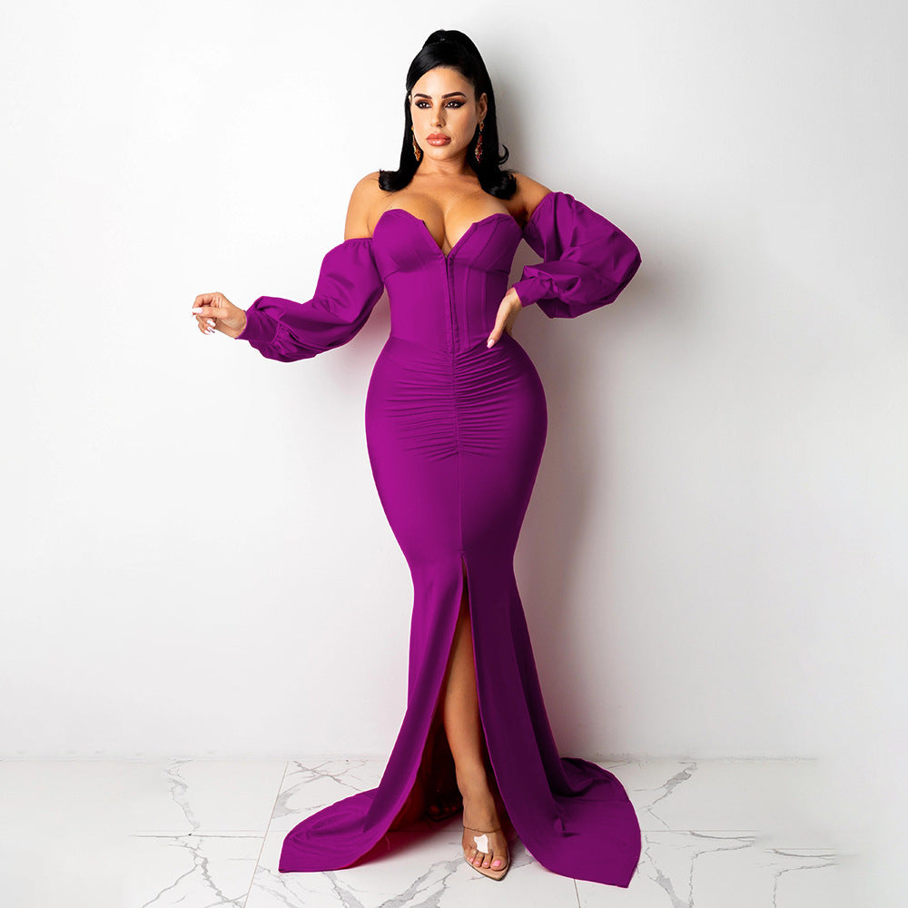 Women Solid Corset Sexy Long Sleeve Slit Party Dress 3
