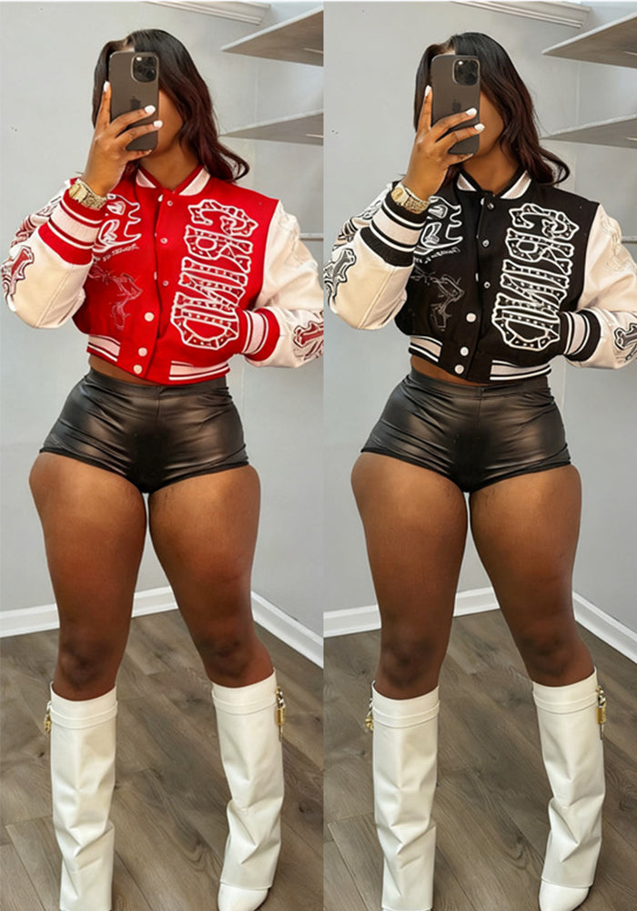 Women Autumn/Winter Ribbed Print Baseball Jacket