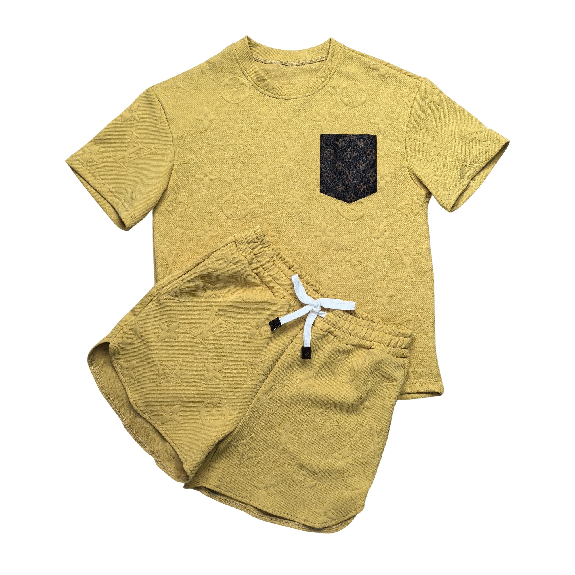 Women casual Pu-Leather pocket jacquard short-sleeved top and shorts sports two-piece set 7