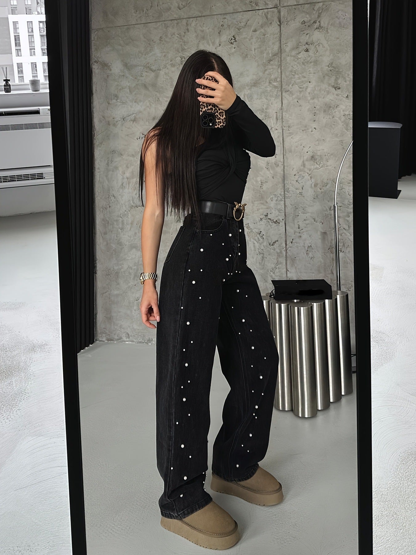 Women's Slight Stretch Beaded Casual Black Denim Straight Leg Pants 4