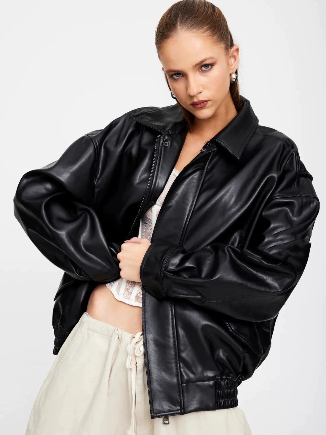 Women American Retro Loose PU-Leather Flight Jacket 6