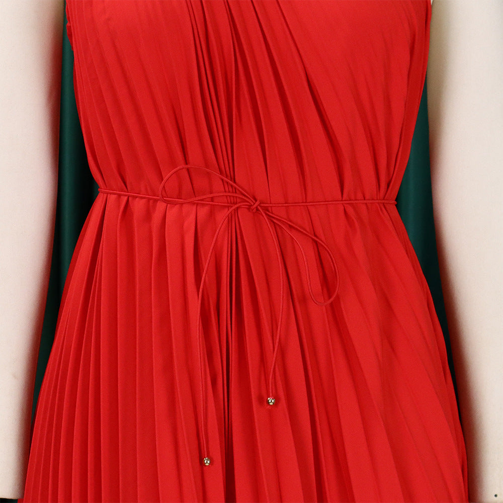 Women Summer Solid Slash Shoulder Lace-Up Loose Pleated Dress 35