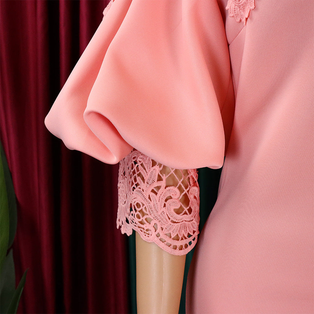 Women Off Shoulder Puff Sleeve Lace Patchwork Formal Party Mermaid Dress 27