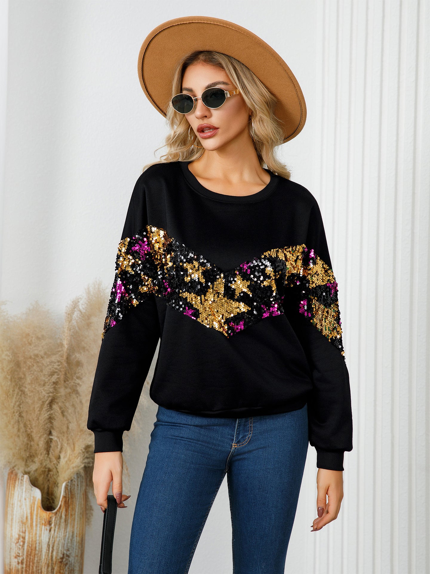 Women Casual Star Sequins Decorated Round Neck long sleeve top 3