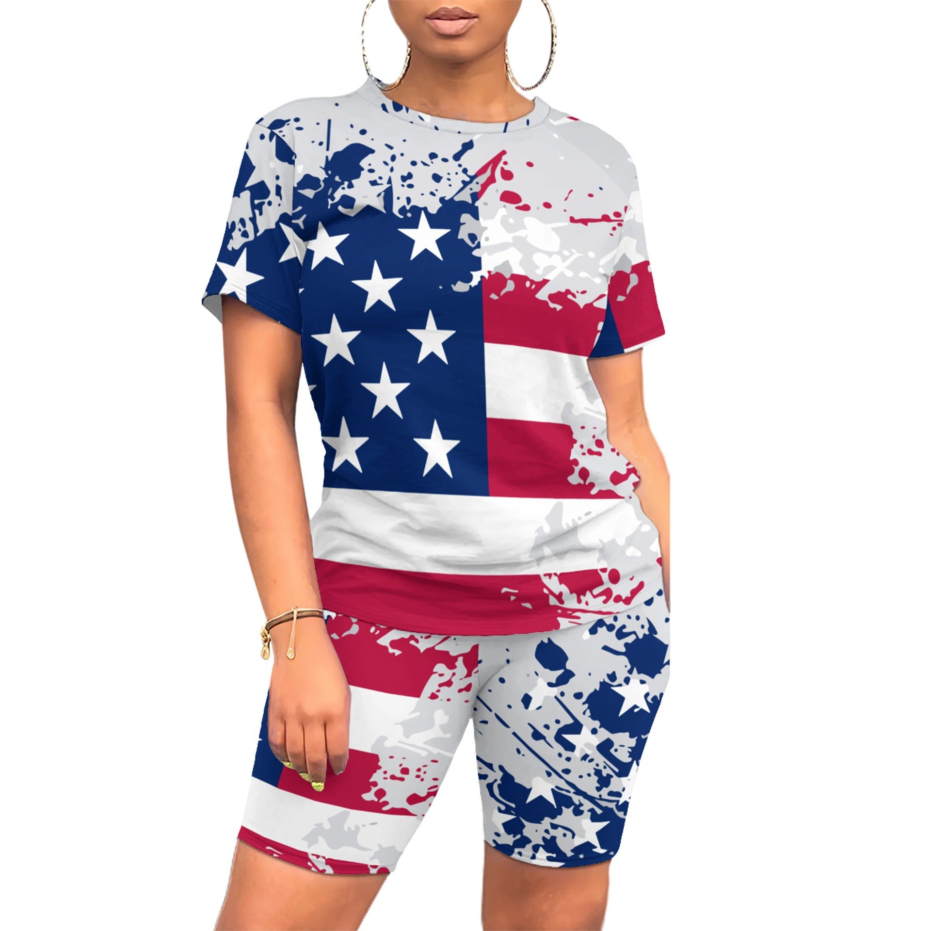 American Flag Print Fashion Casual Women's Short Sleeve T-Shirt Shorts Two Piece Set 15