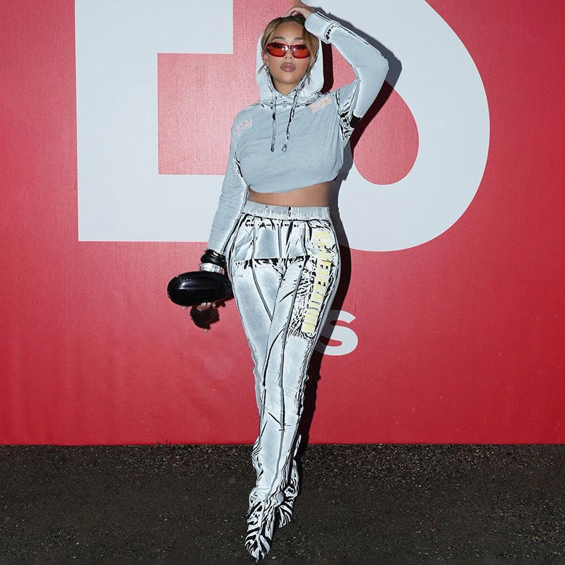 Autumn Women Casual Hooded Top and Printed Sports Pants Two-piece Set 4