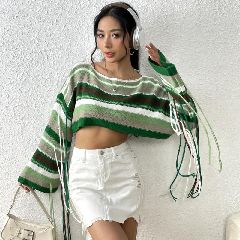 Women Rainbow Stripe Tassel Crop Loose Sweater 10