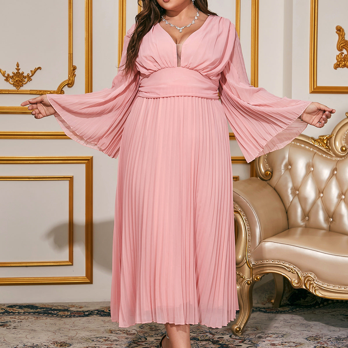 Plus Size Women Pleated V Neck Long Sleeve Chiffon Dress 10