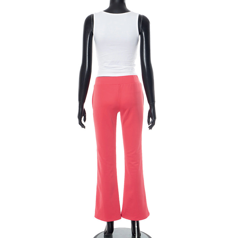 Women's Spring/Summer Round Neck Beaded Letter Print Vest Elastic High-Waist Bell Bottom Pants Two Piece Set 7