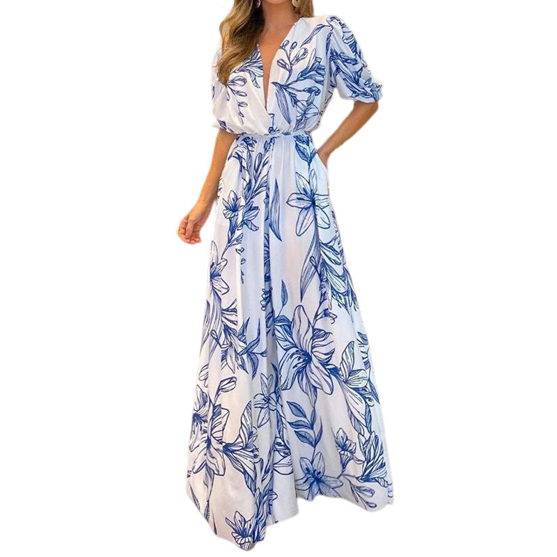 Summer Ladies Fashion V Neck Loose Maxi Print Dress 6