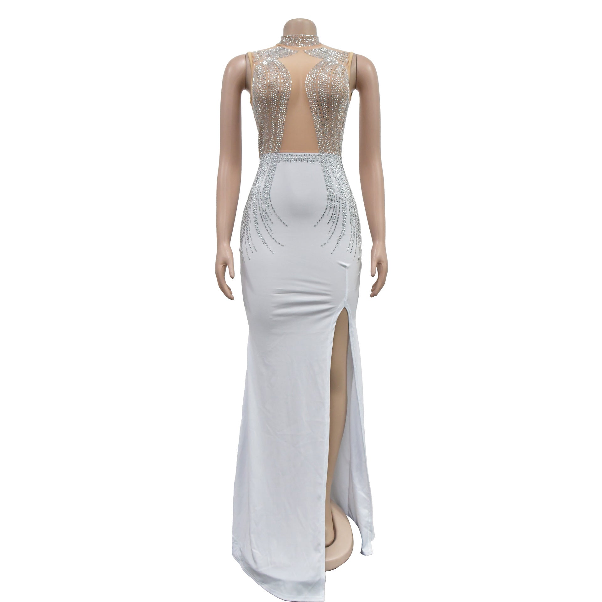 Women Solid Mesh Beaded Slit Maxi Dress 22