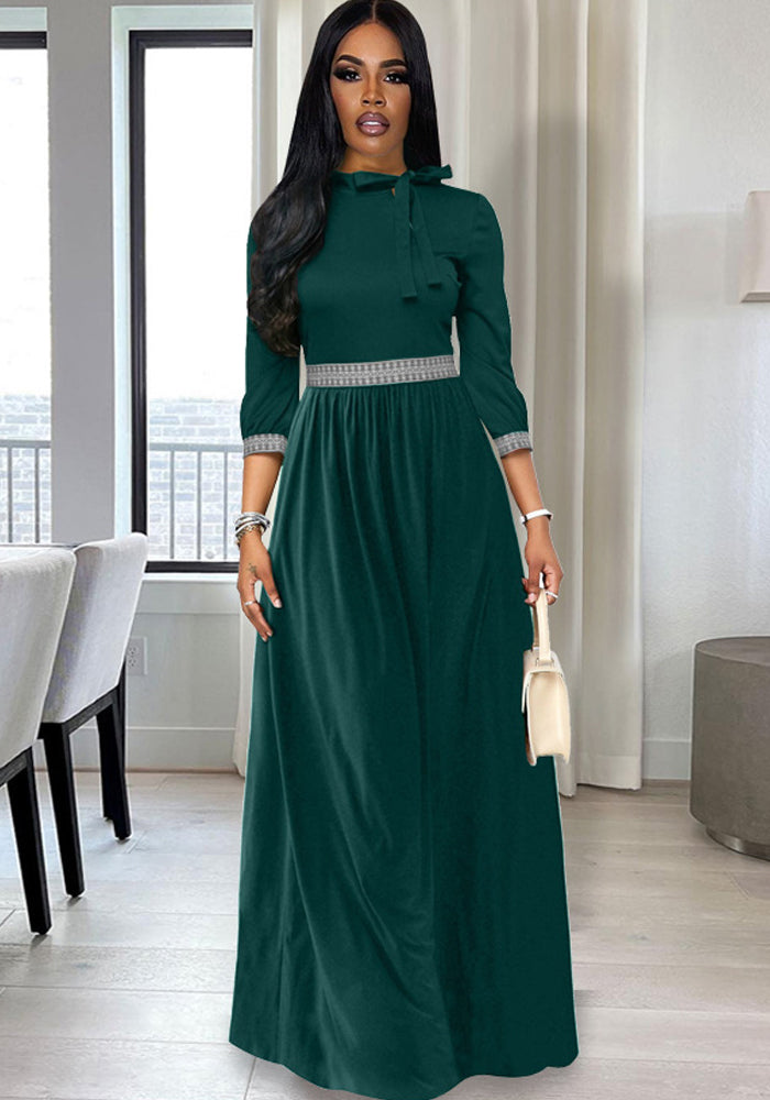 Fall Winter Slim Waist Maxi Tie Bow Long Slim Dress
