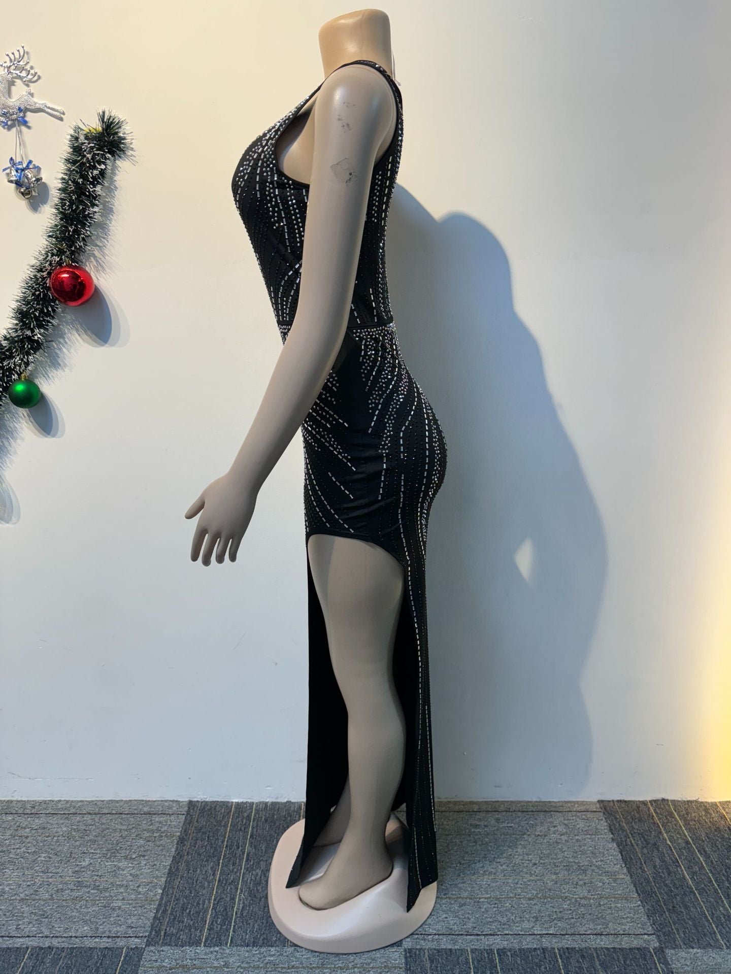 Women Elastic Beaded Sleeveless Slash Shoulder Slit Bodycon Dress 7