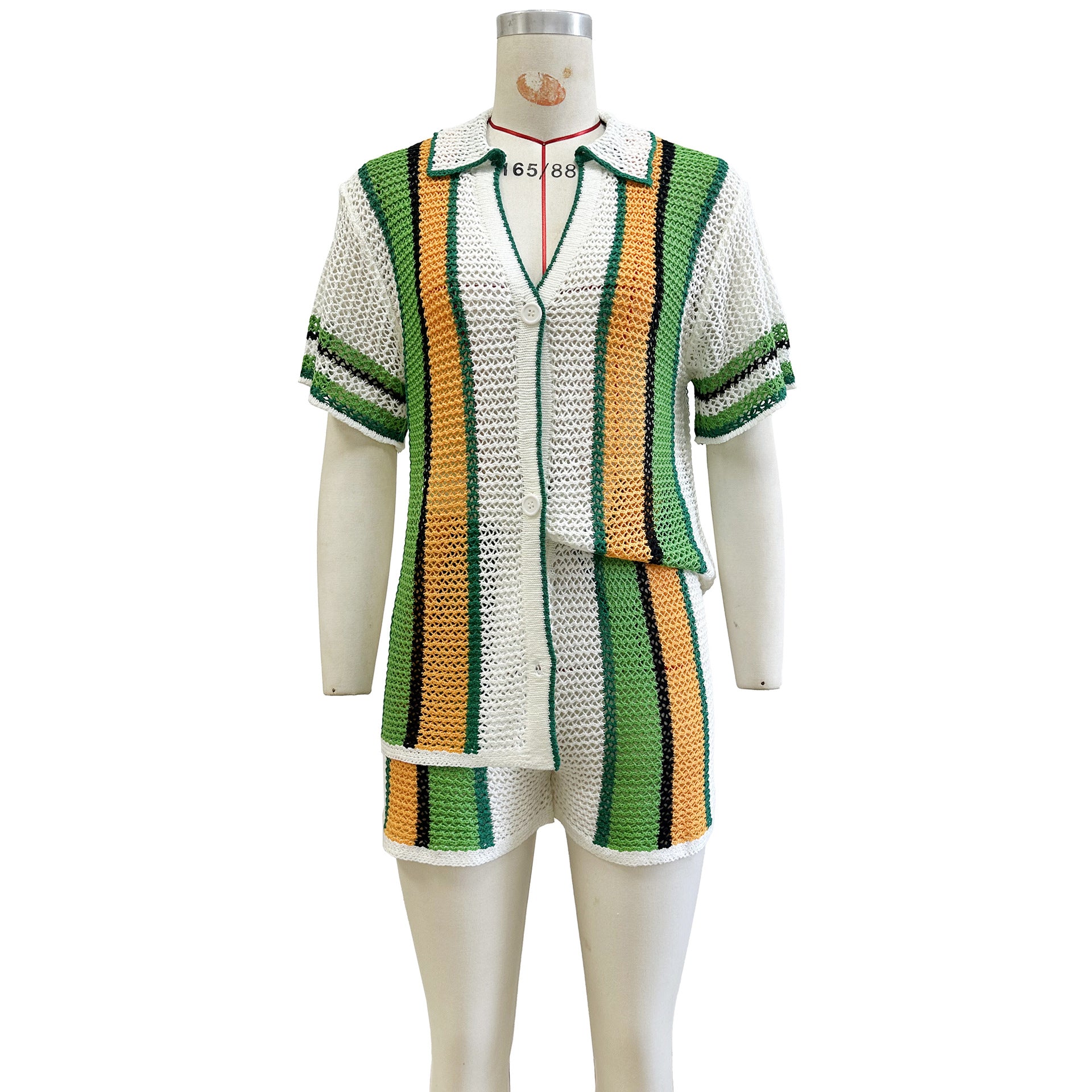 Women's Sexy Hollow Turn-Down Collar Knit Shorts Set 10