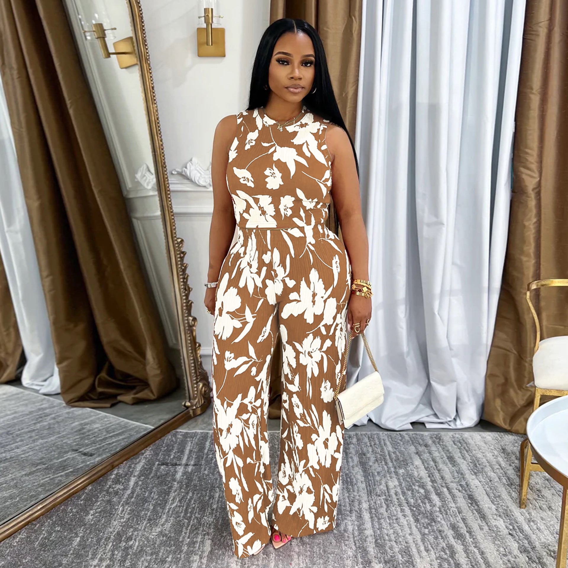 Women Floral Printed Sleeveless Vest and Pants Two-piece Set 3