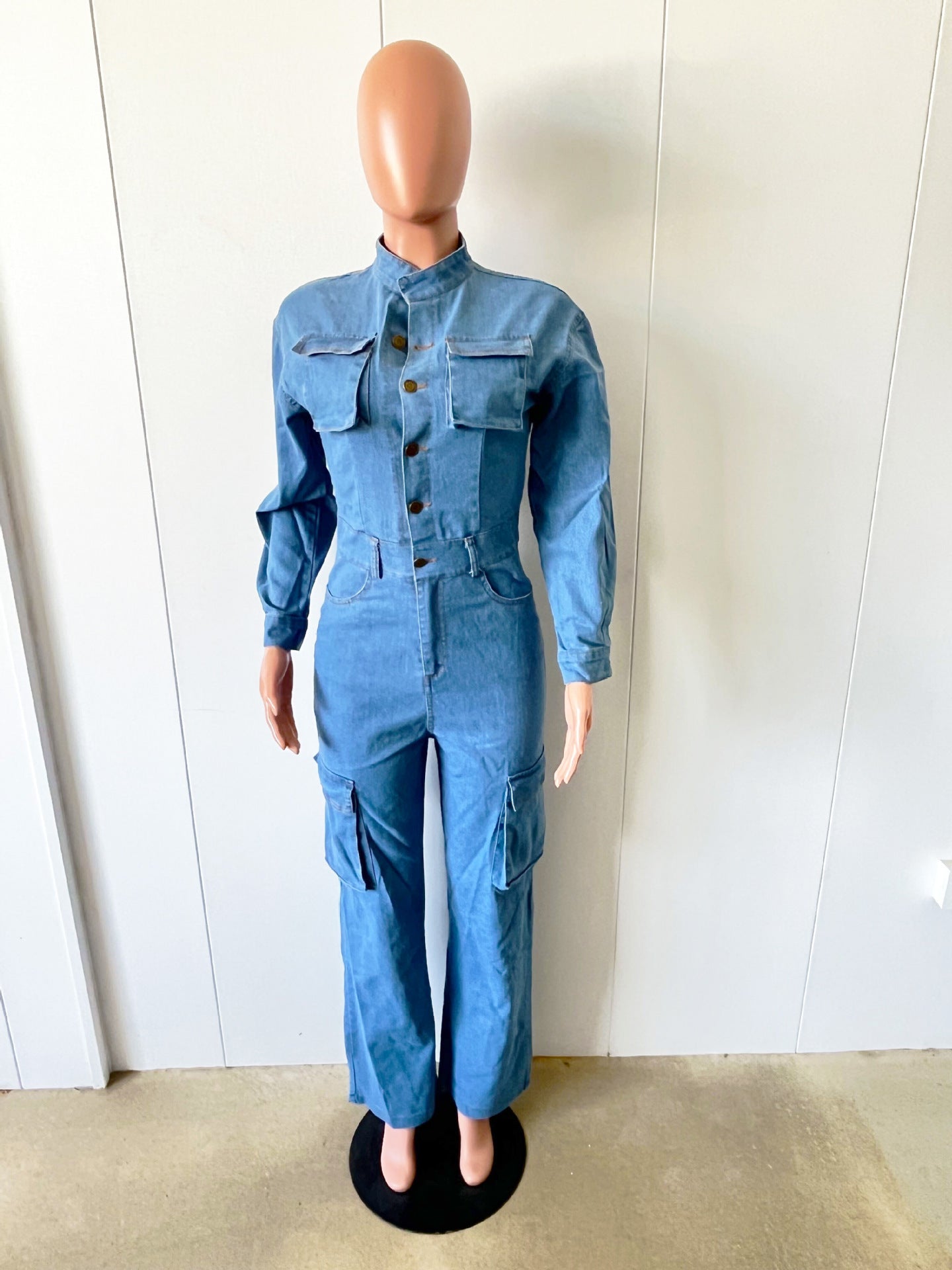 Spring Long Sleeve Pocket Washed Denim Cargo Jumpsuit 8