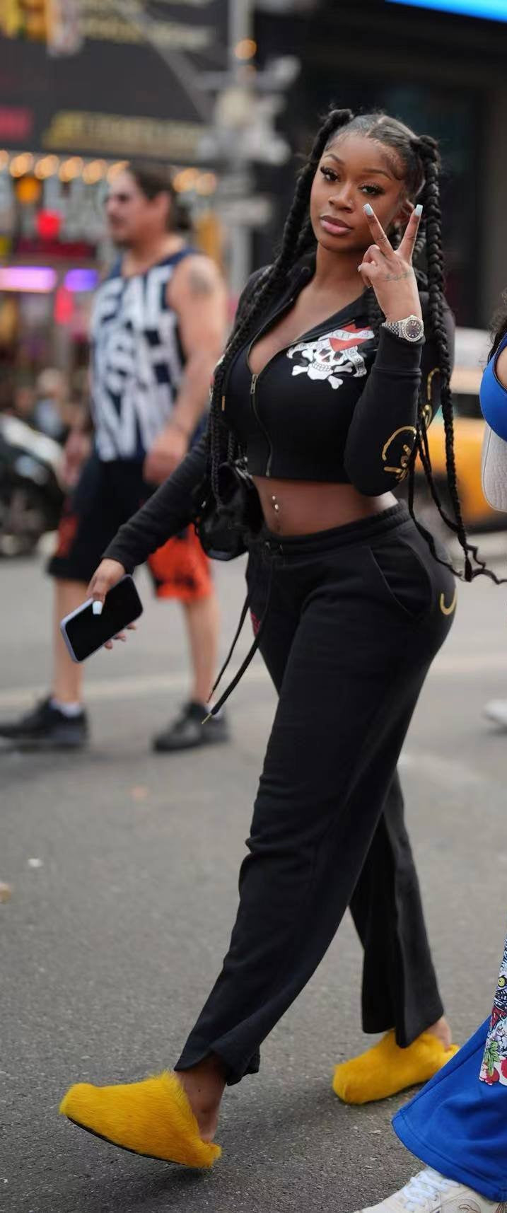 Fashionable street printed zipper short hoodies high waist straight trousers two piece set