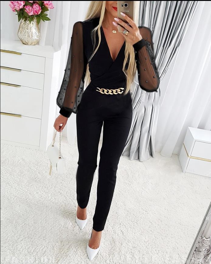 Spring Puff Mesh Patchwork V-Neck Women's Jumpsuit 11
