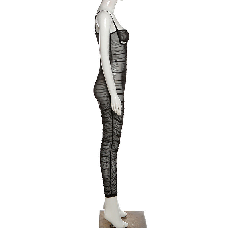 Summer Ladies Sexy Mesh See-Through Straps Pleated Fashion Chic Slim Jumpsuit 7