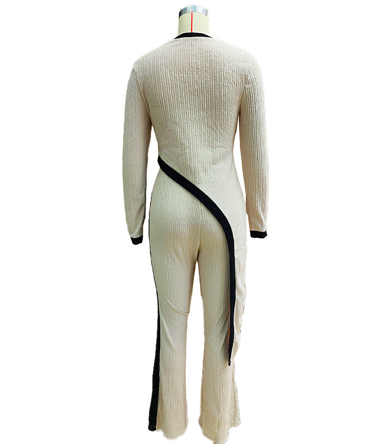 Women  Round Neck Contrast Color Long Sleeve Top and Pants Casual Two Piece Set 8