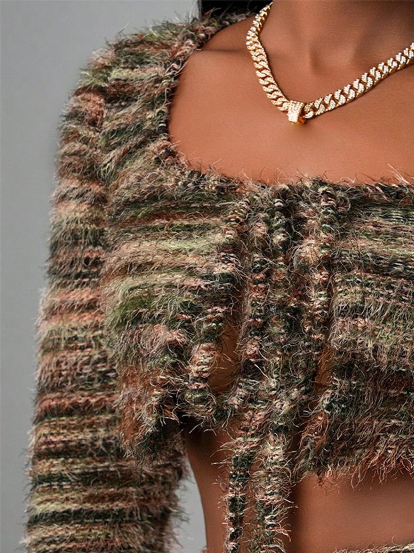 Fashion Women's Spring Summer Fur Crop Lace-Up Long Sleeve Cropped Top Shorts Sexy Two-Piece Set 5