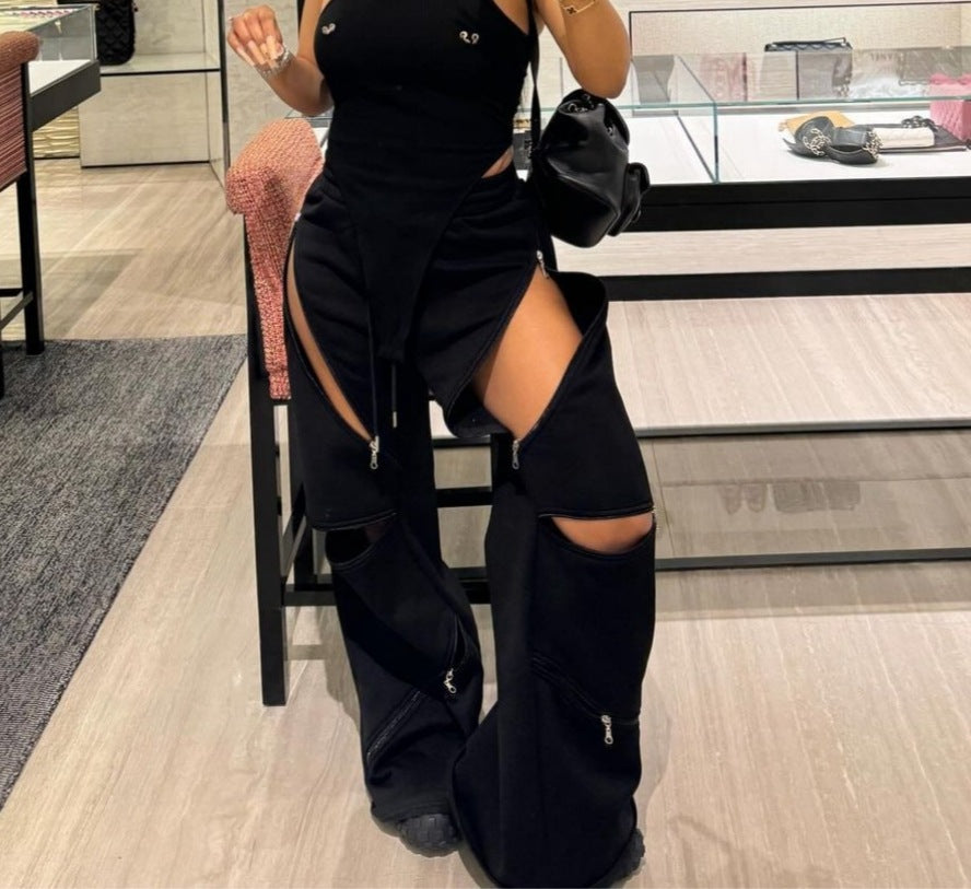 Women Patchwork Zipper Straight Bell Bottom Pants 3