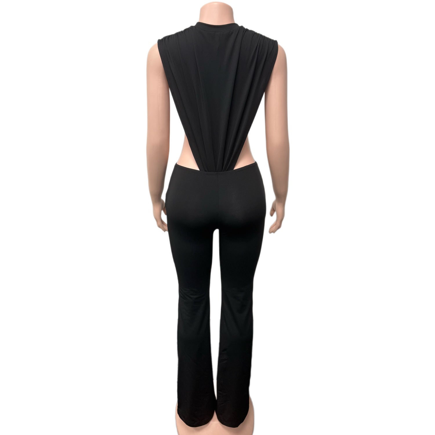 Women's Round Neck Sleeveless Side Cut-Out Black Bodysuit Top & Tight Fitting Pants Two-Piece Set 7