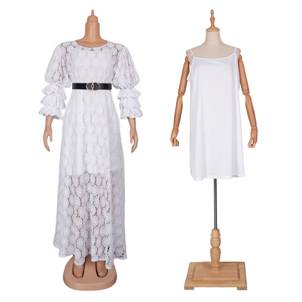 Plus Size Women African Round Neck Lace Dress 7