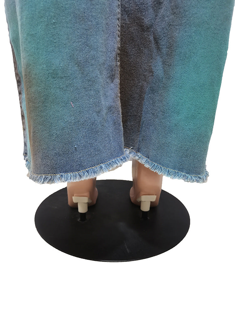 Women Sexy Strapless Off-Shoulder Tie-Dye Slit Cargo Denim Dress 16