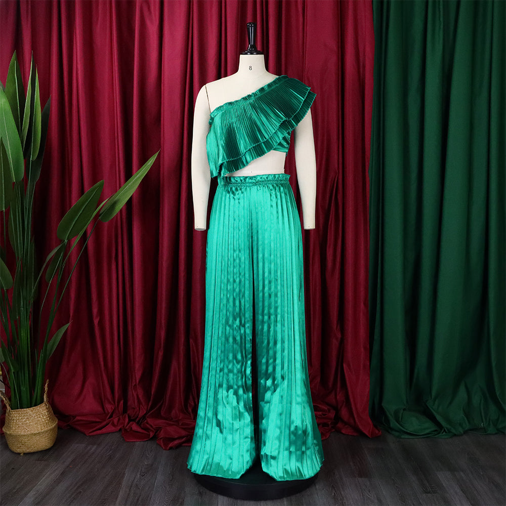 Women's Slash Shoulder Low Back Ruffled Sexy Top Pleated Wide Leg Pant Two-Piece Set 16