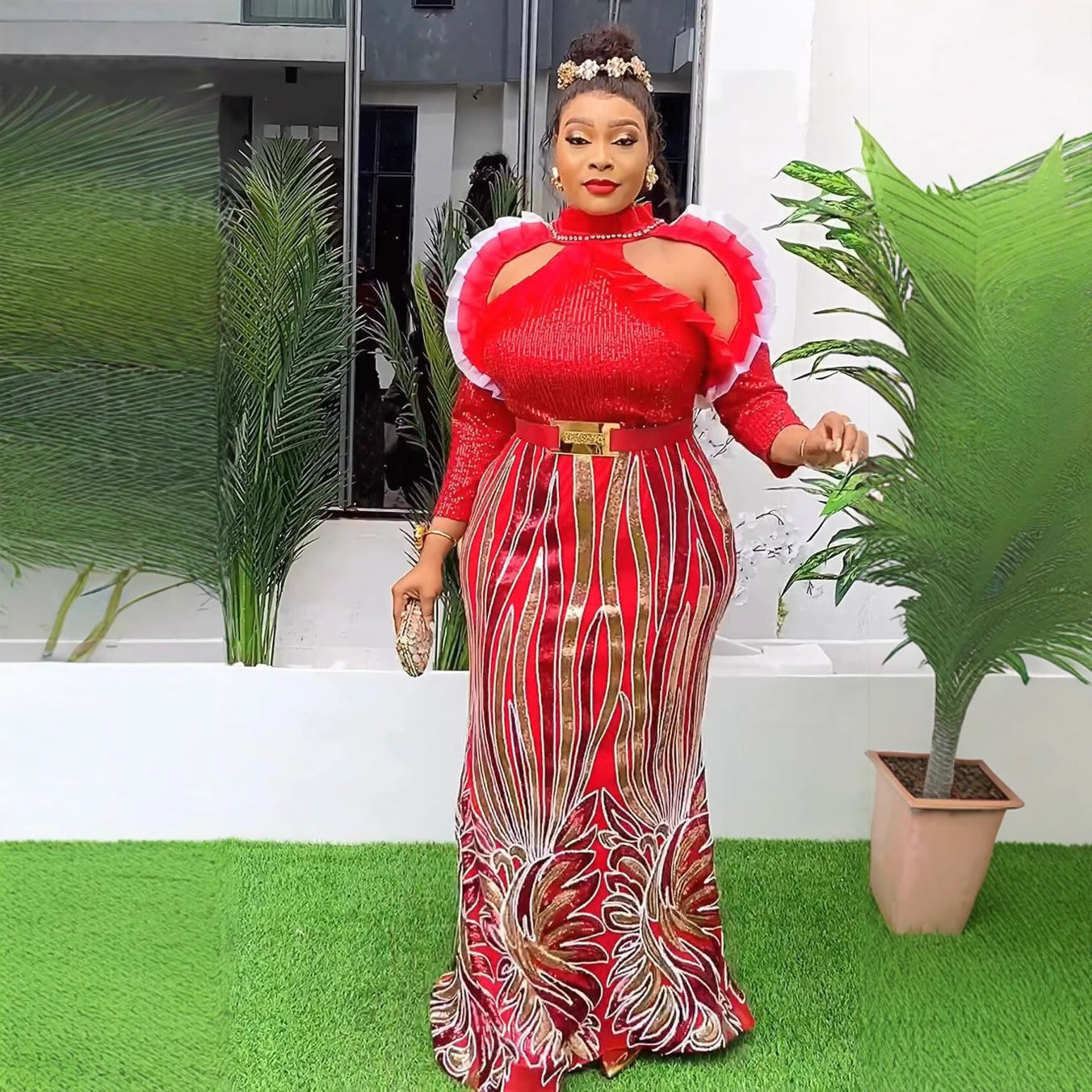 Plus Size Women Africa Plus Size Party Sexy Long Sleeve Dress 5