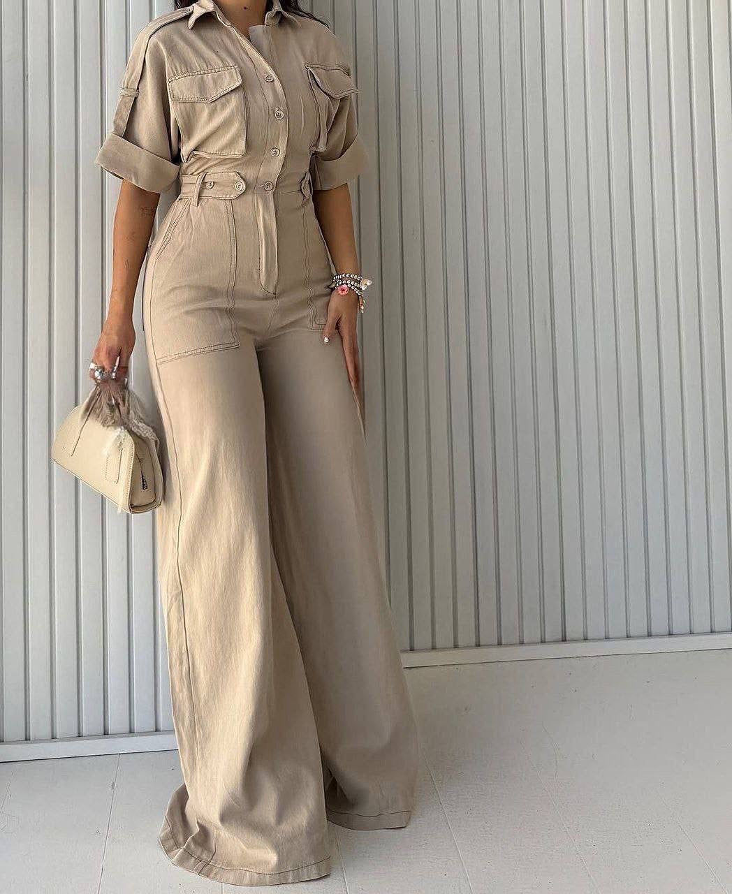 Women Turndown Collar Cargo Wide-Leg Jumpsuit