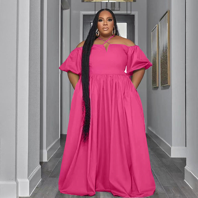 Solid Color Sexy Strapless Halter Neck Plus Size Women's Fashion Loose Short Sleeve Dress 3