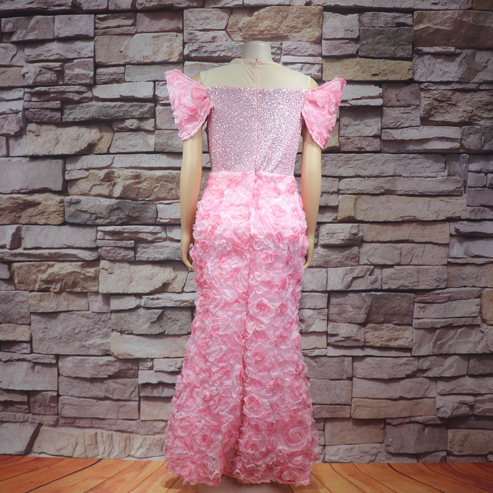 African Women's Dress Luxury Embroidery Off Shoulder Mesh Beaded Belted Evening Dress 11