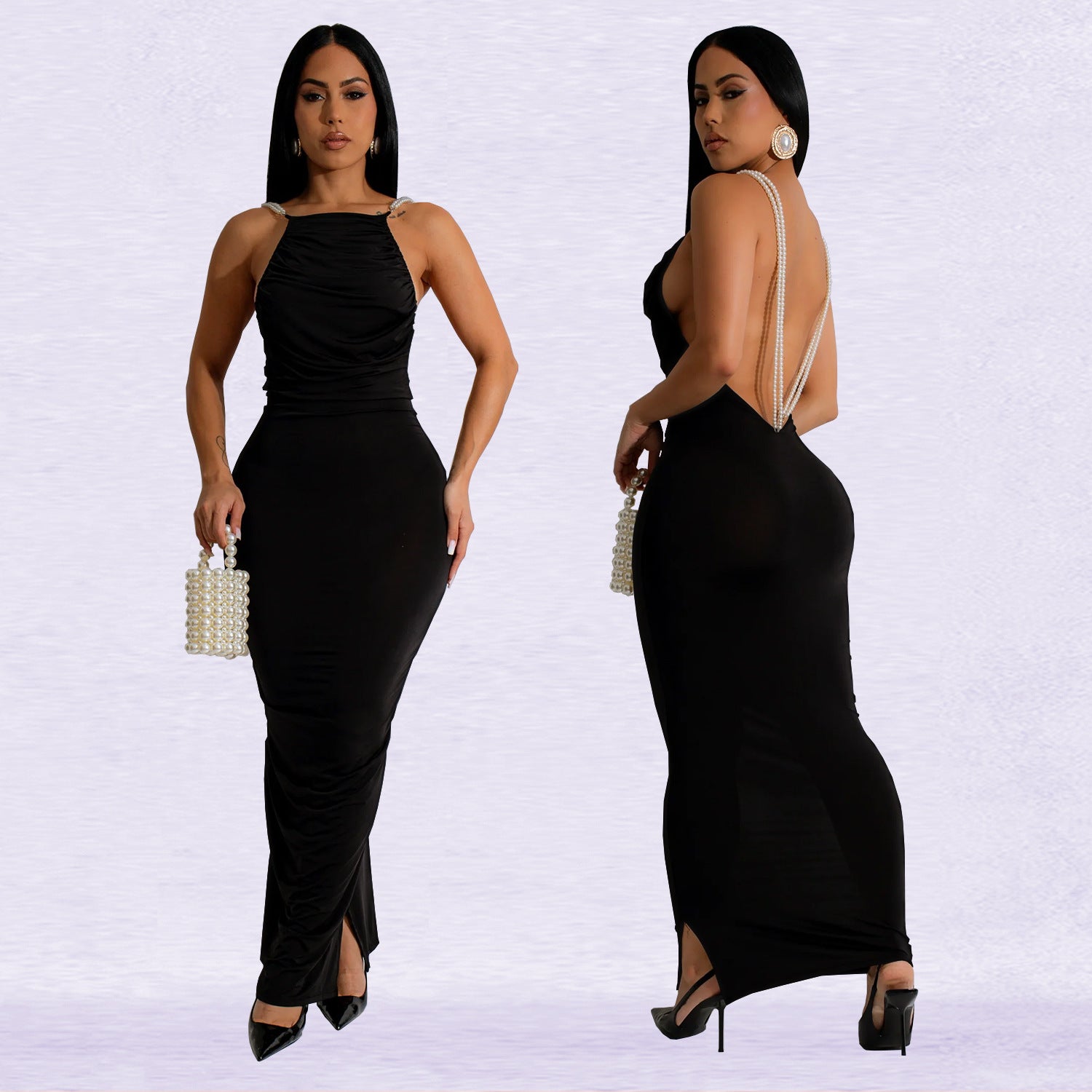 Fashionable Women's Low Back Sexy Solid Color Bodycon Long Dress