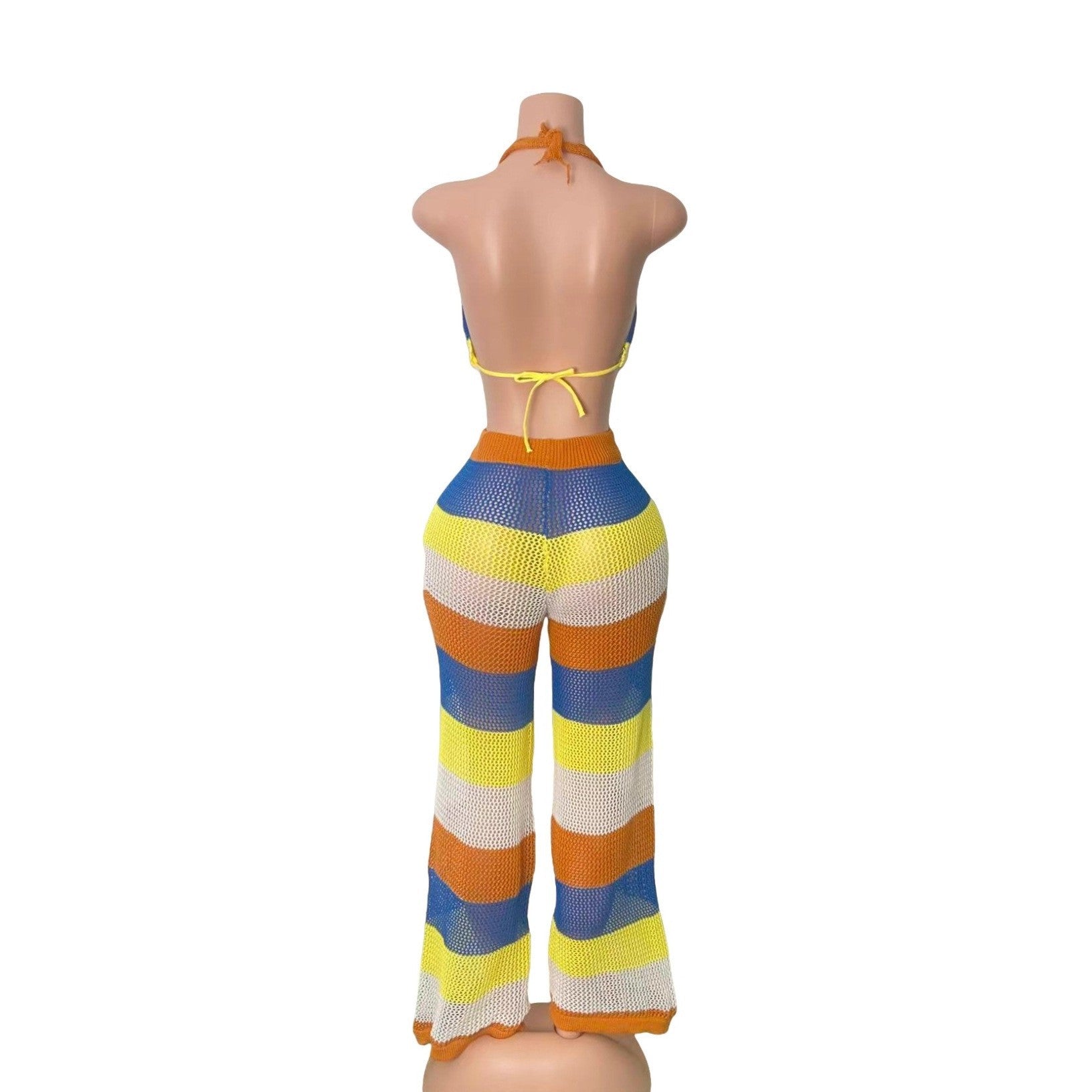 Women multi-color striped halter neck backless top and knitting pant, sexy see-through mesh two-piece set. 16