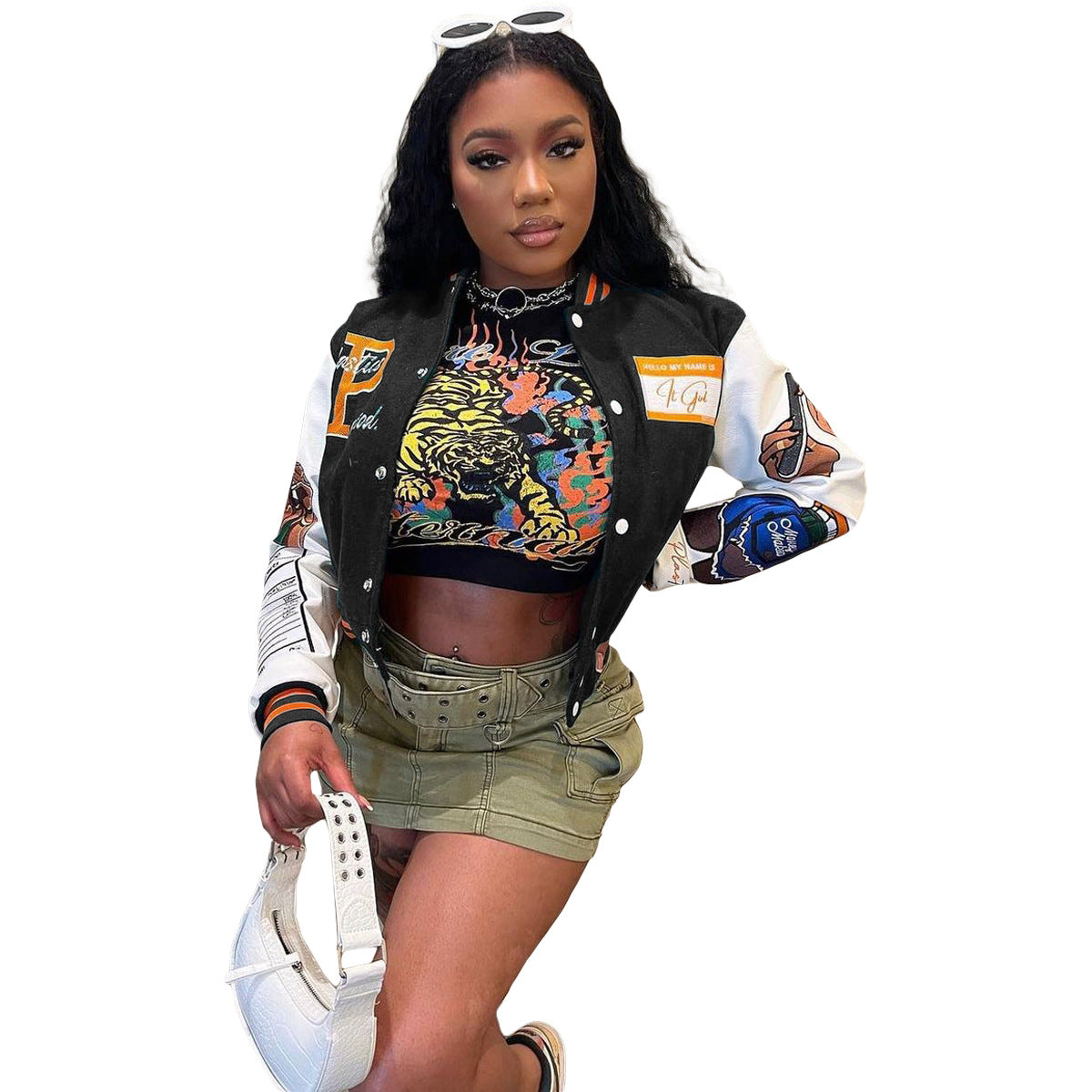 Women Fashion Velvet Print Embroidered Baseball Jacket 5