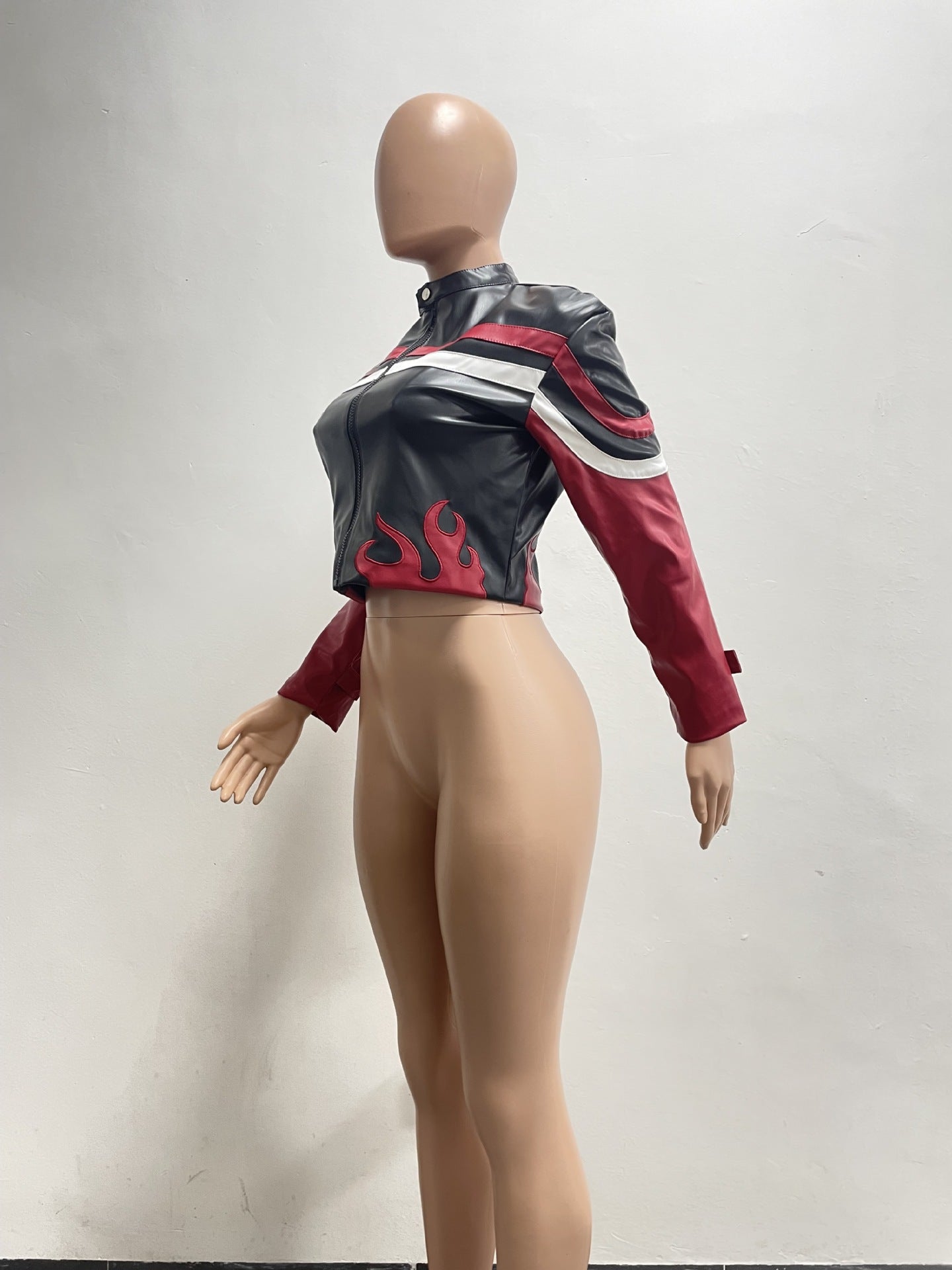 Women's Embroidered Flame Patchwork Leather Jacket 22