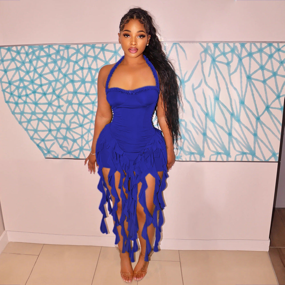 Solid color tassel Halter Neck women's fashion dress 3