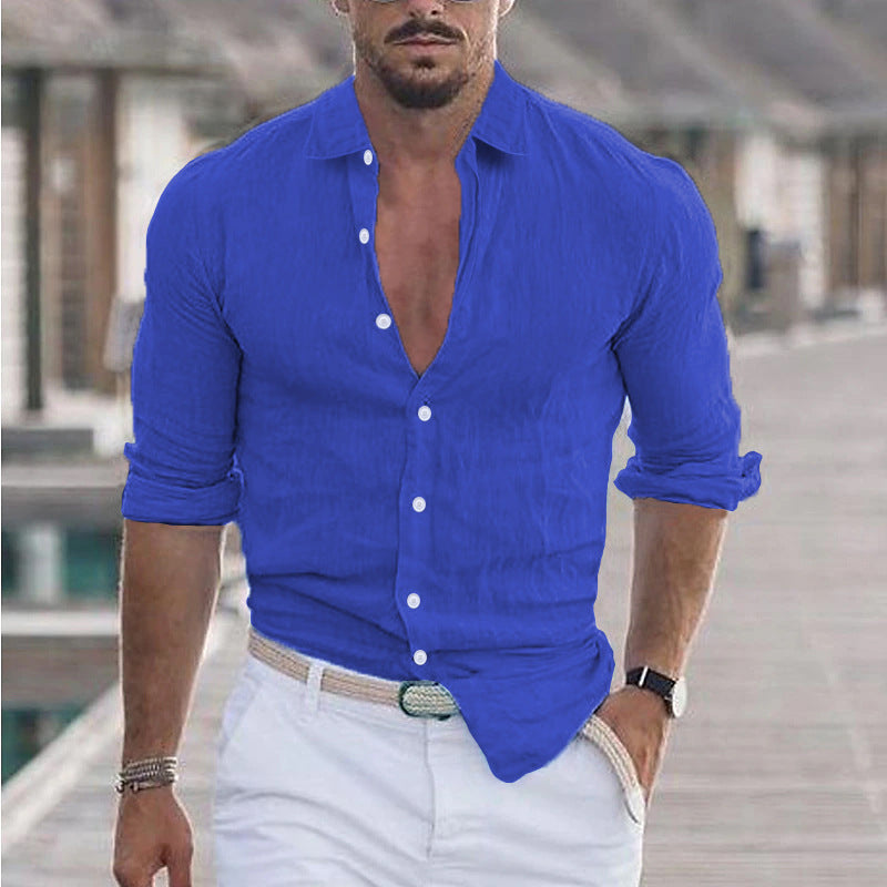 Men 's Summer Turndown Collar Long Sleeve Solid Color Beach Linen Shirt 10