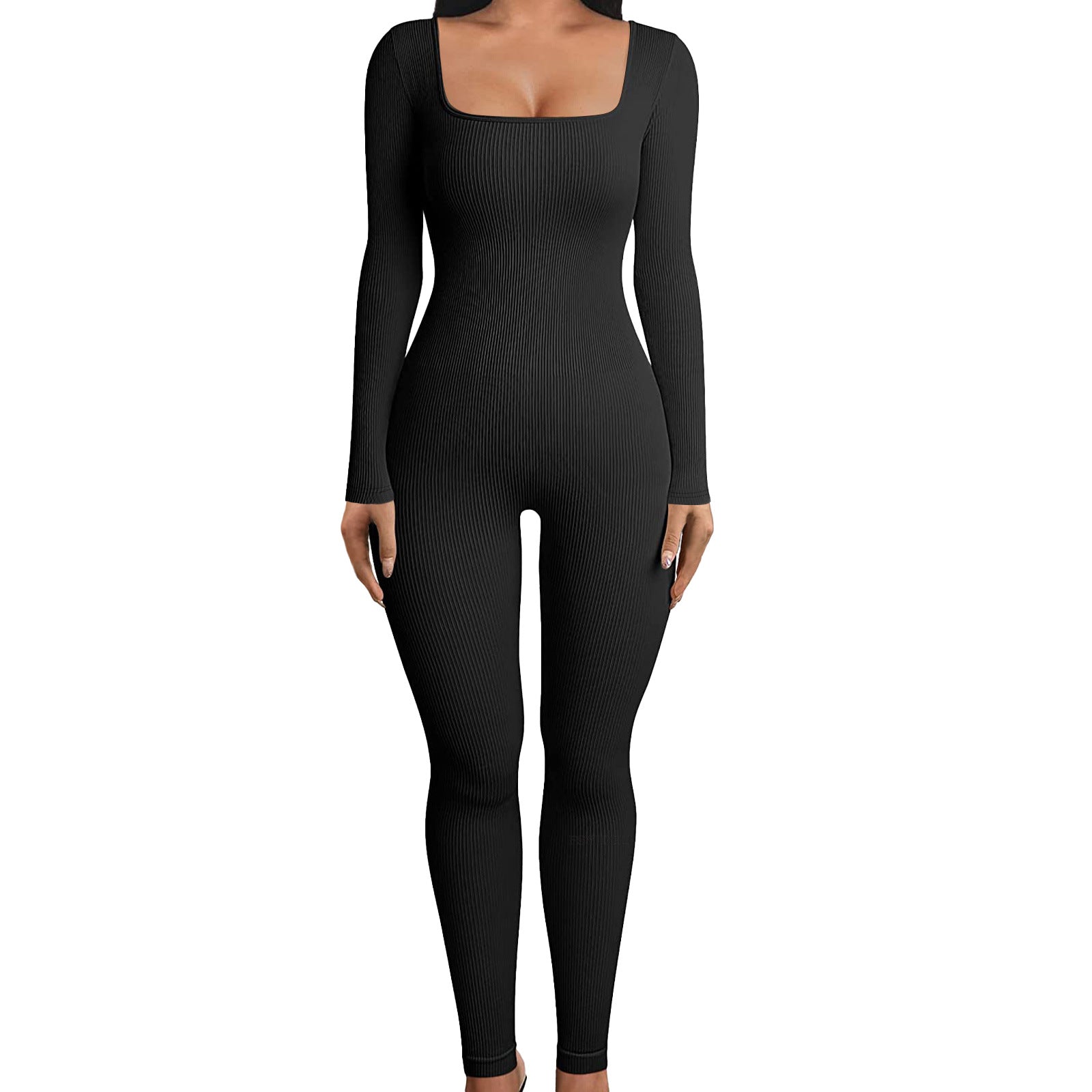Women's Solid Color Long Sleeve Ribbed Square Neck Low Back Butt Lift Slim Athletic Jumpsuit