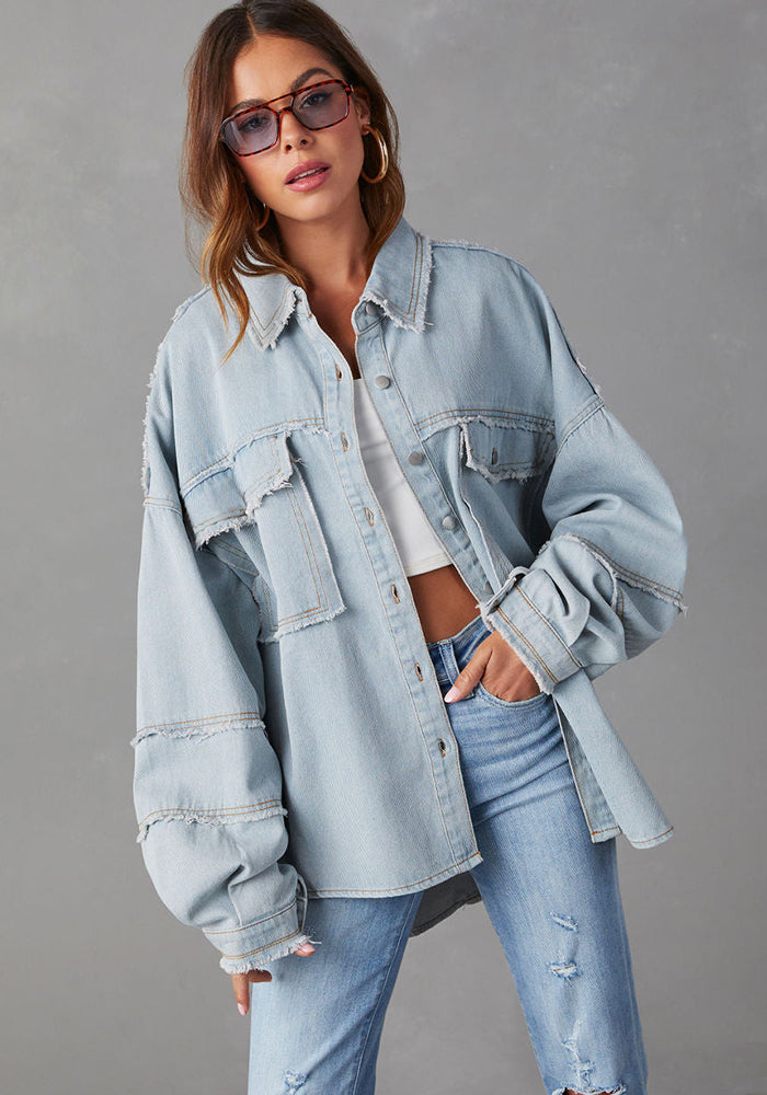 Women Casual Fall Washed Solid Denim Jacket