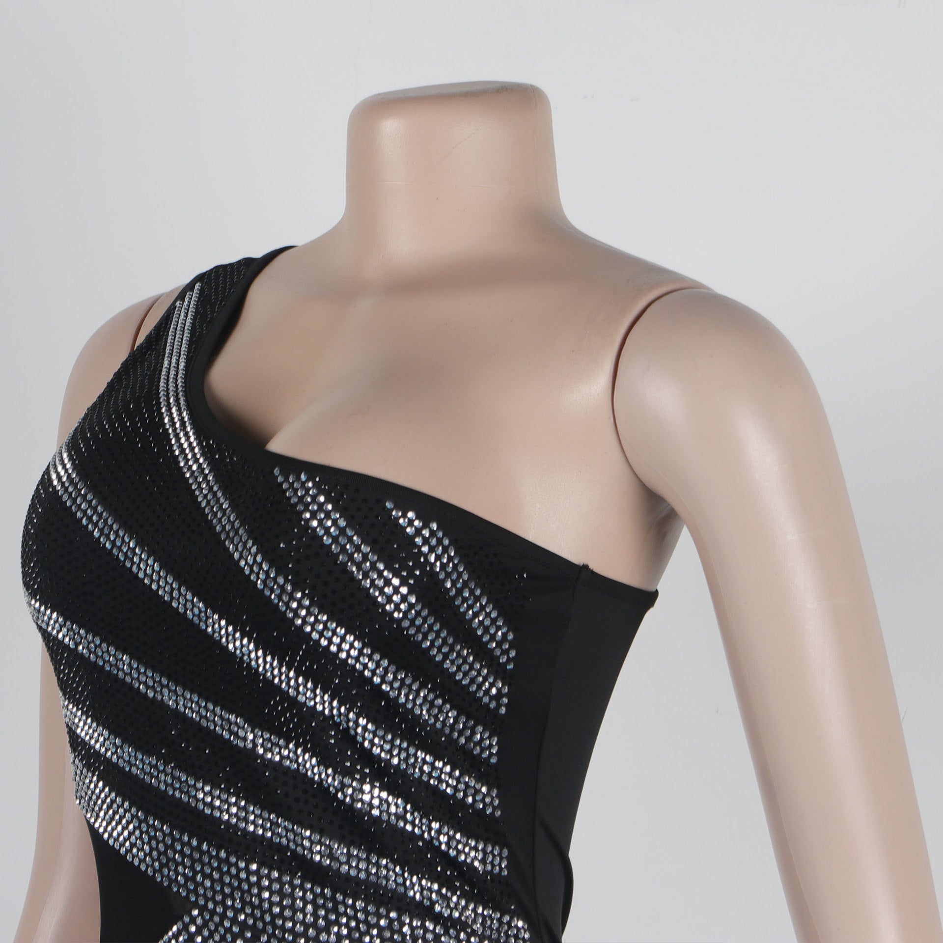 Women Sexy Beaded Patchwork See-Through One-Shoulder Sleeveless Elastic Bodycon Dress 11