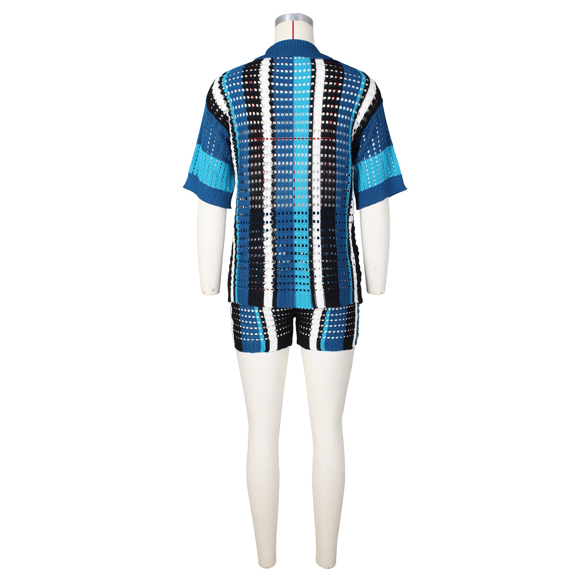 Women Sexy Cutout See-Through Contrasting Color Turndown Collar Top and Shorts Two-Piece Set 17