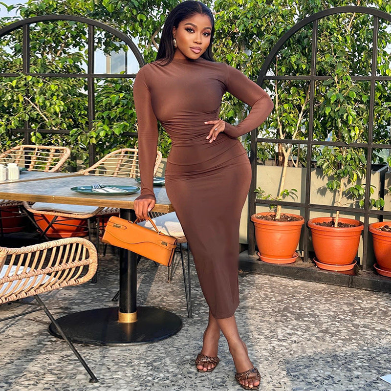 Women's Solid Color Round Neck Long Sleeve Slim Midi Dress 5