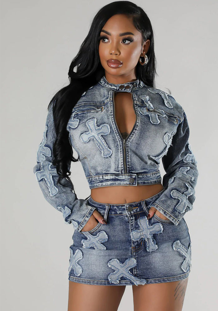 Women's Clothing Trendy Fashion Patch Denim Two Piece Skirt Set