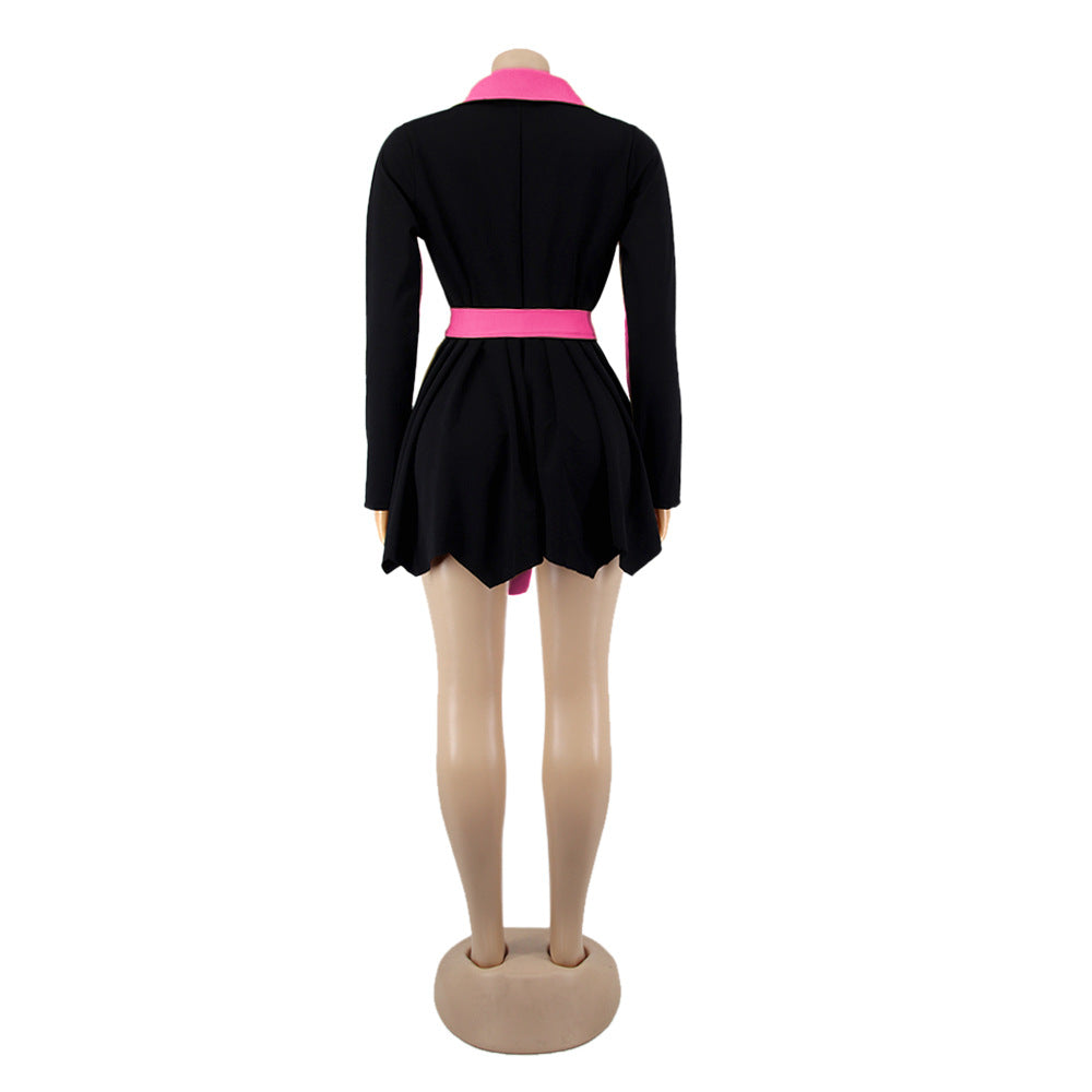 Women Solid Color Block Long Sleeve Casual Dress 32