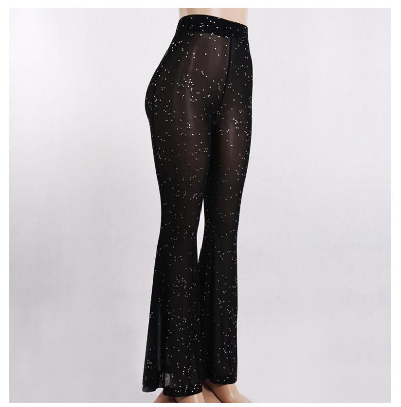 Women's Sexy Beaded See-Through Mesh Wide Leg Pants 12